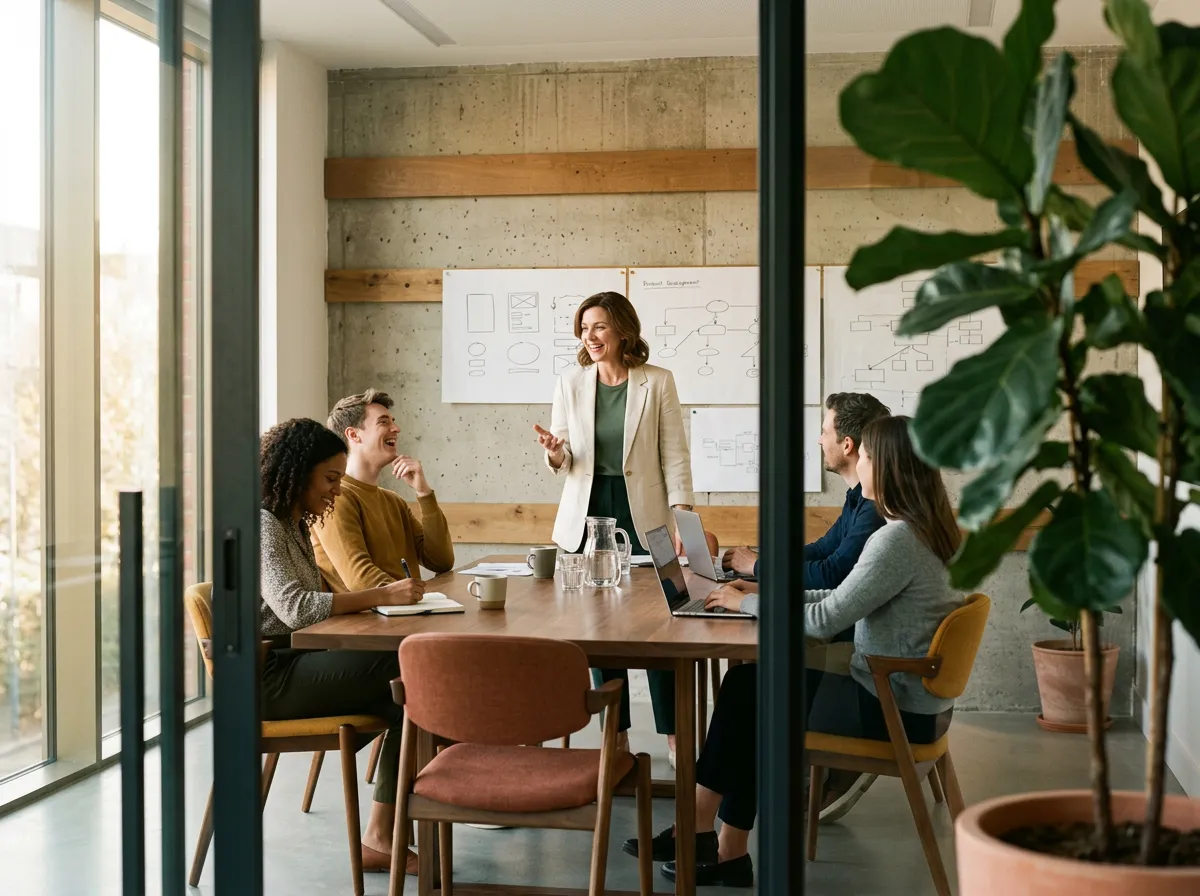 A business owner leading a cheerful planning meeting with her team around an office table