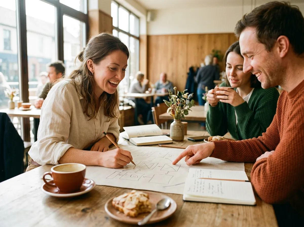 A founder sketching app screens on paper with two collaborators at a café table